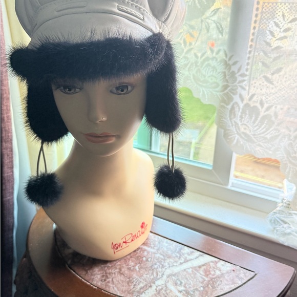 Black Mink Fur Hat&  White lambskin genuine leather main image 12